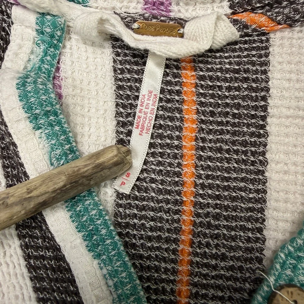 Free People Top Striped Waffle Knit‎ Small Womens Boho Indie Multi Henley Button